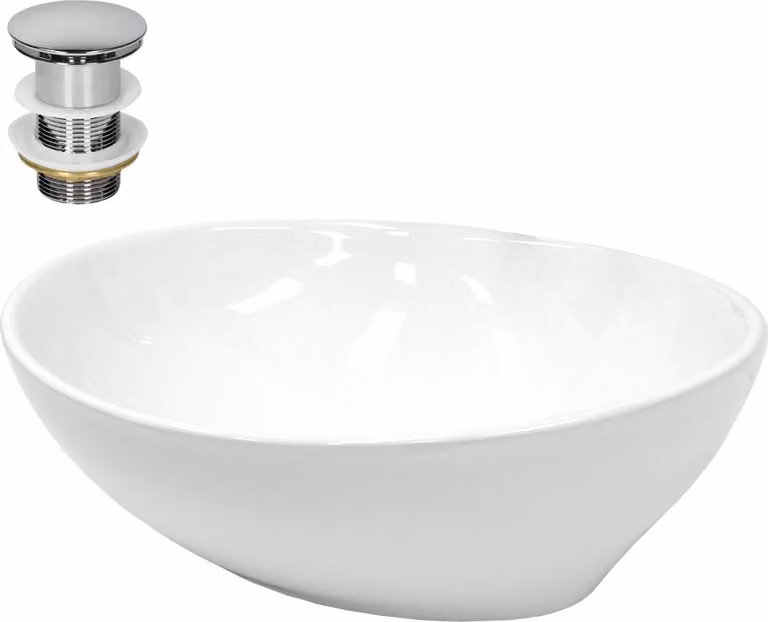 Lavabo LuxeBath Lavabo da appoggio ovale, 41x33x14,2 cm, bianco, in Vetroceramica, incl. set di scarico senza troppopieno