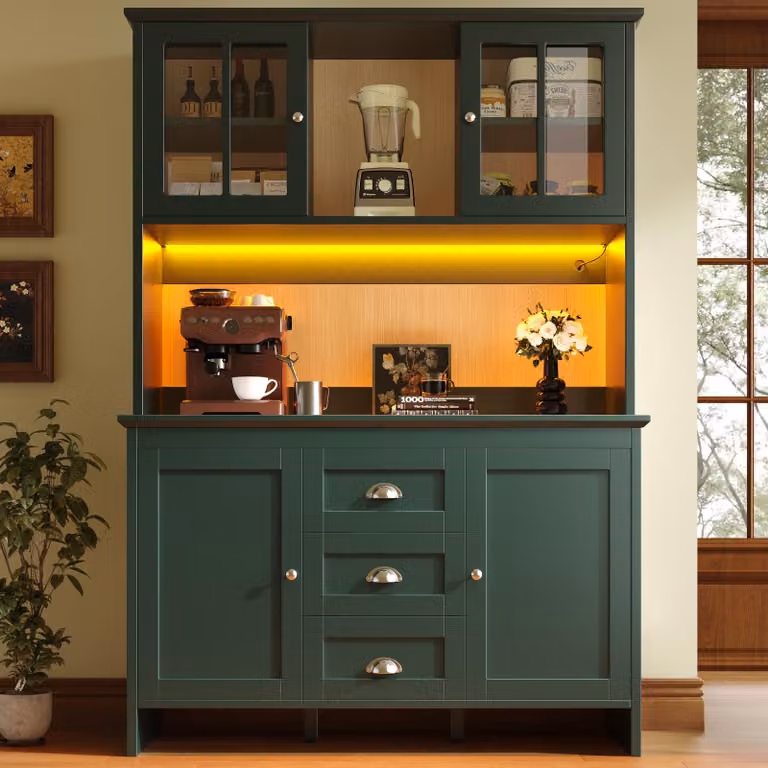Mobile alto da cucina Fliek con LED, mobile da cucina con cassetti e ante, credenza con ripiani regolabili in altezza, 120x40x179 cm, verde