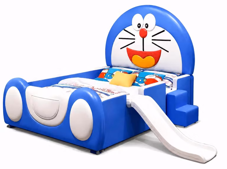 Letto a castello blu con scaletta e scivolo, adatto a bambini di entrambi i sessi