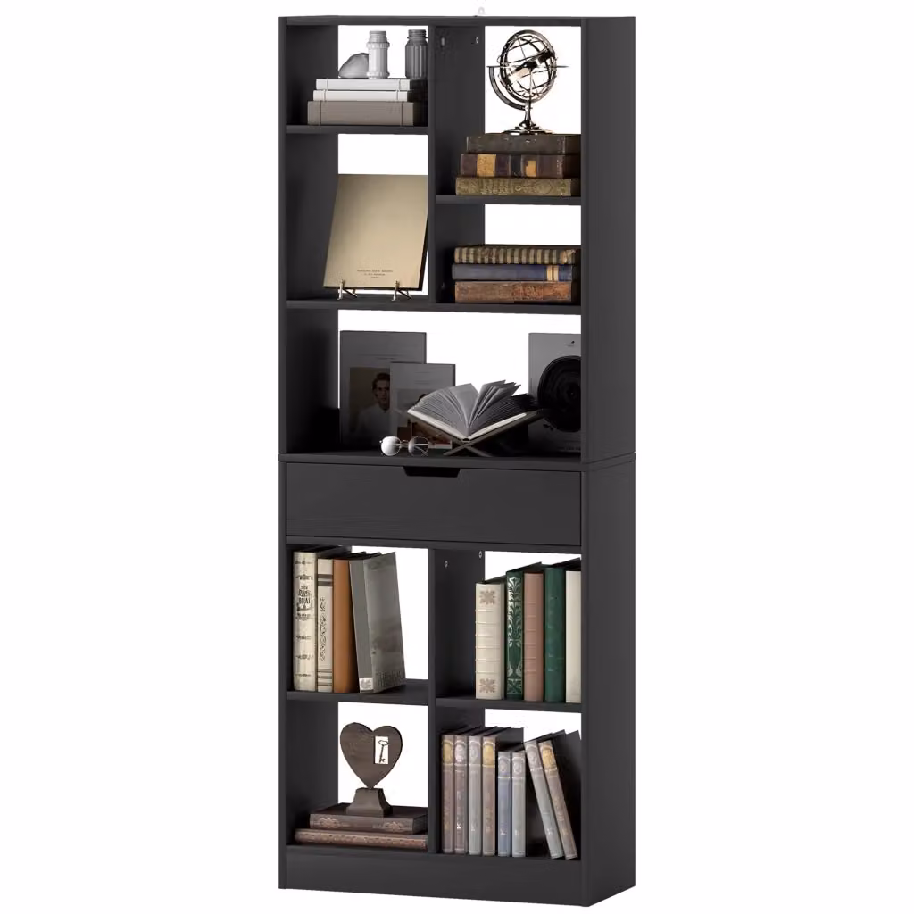 Libreria Minimal in Legno e MDF con Cassetto Nero L: 60 cm, P: 26 cm, H: 158 cm – 2