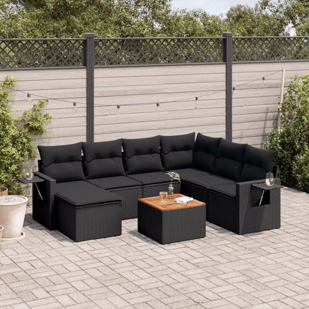 Set di Divani da Giardino a L vidaXL in Polyrattan Nero con 8 Cuscini e Tavolino – 1