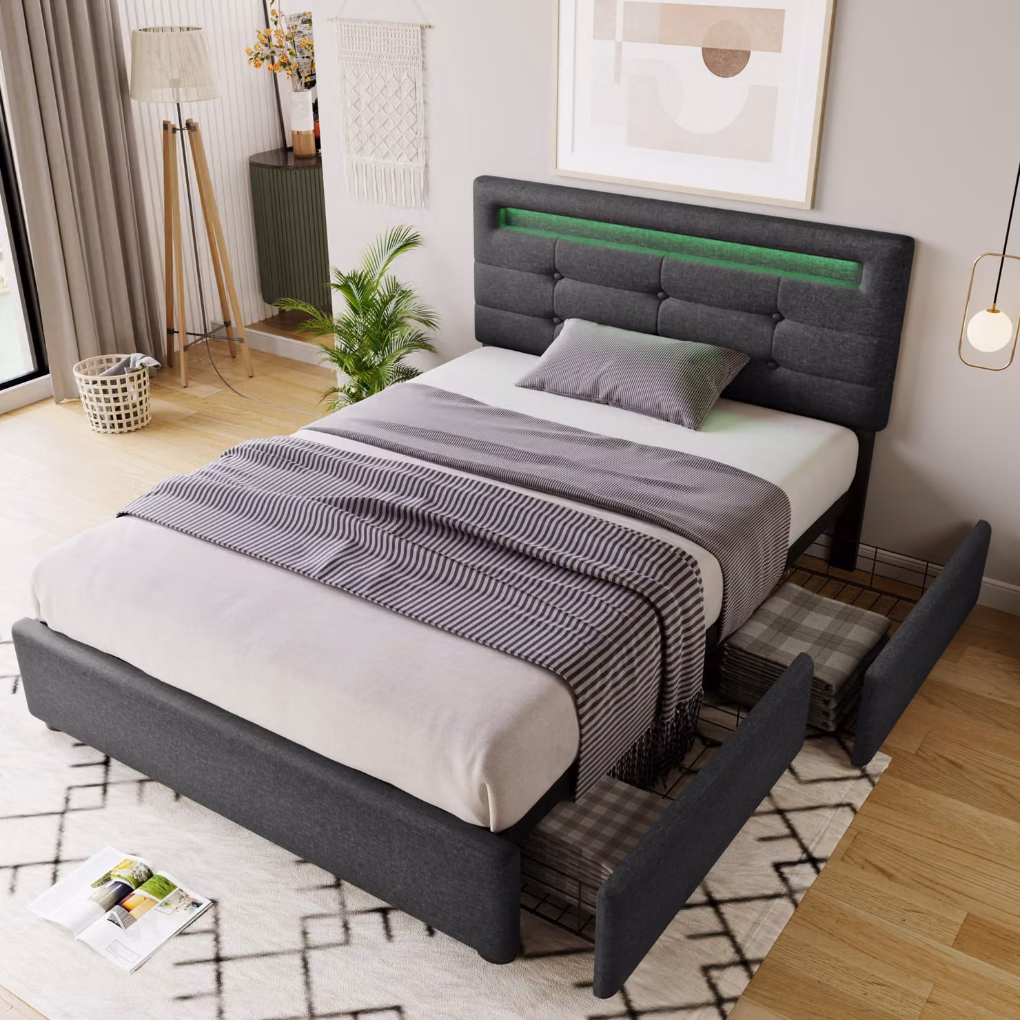 Letto imbottito Sweiko Struttura del letto con illuminazione a LED e 2 cassetti Testata regolabile in altezza Struttura a doghe in legno massiccio Letto singolo 90x200cm Lino grigio (senza materasso)