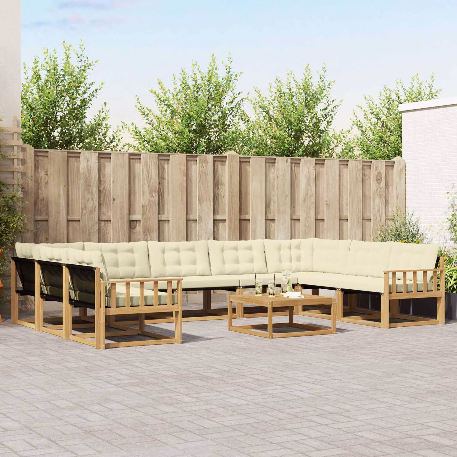 Set di divani da esterno vidaXL 10 pezzi a forma di U in legno di acacia con cuscini bianco e beige