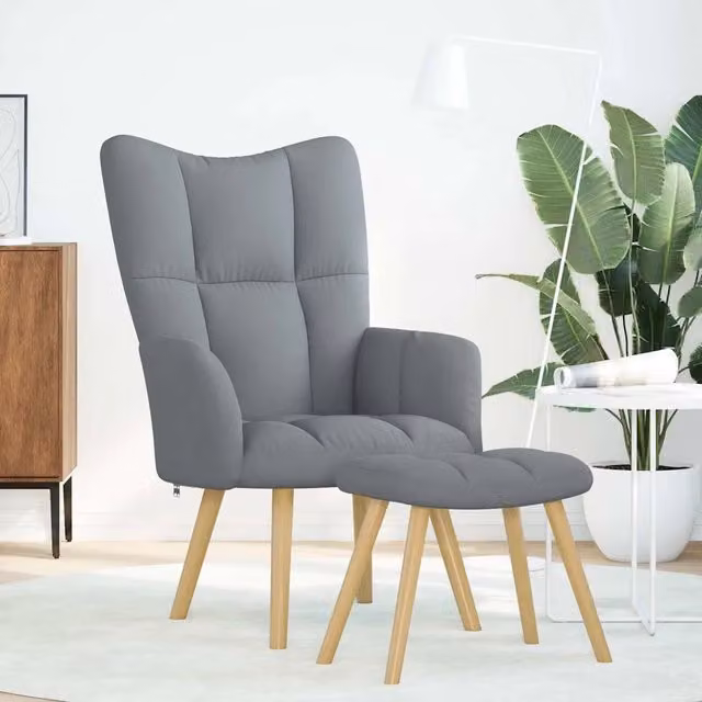 Poltrona Relax con Poggiapiedi Integrato in Tessuto Grigio con Struttura in Metallo e Legno