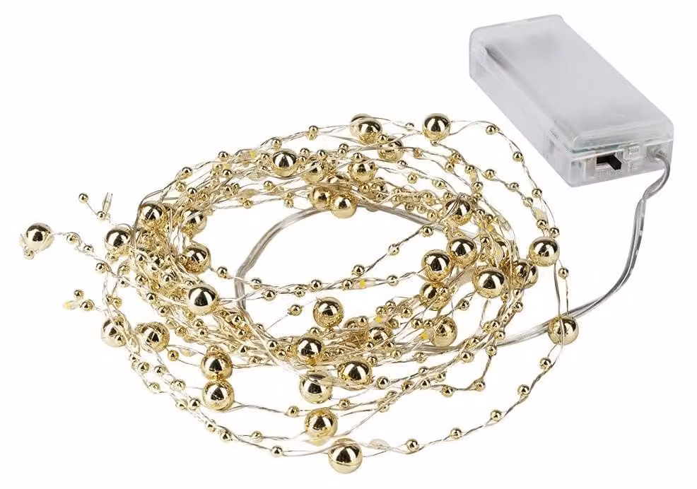 Catena luminosa a LED, 40 LED bianco caldo, sfere dorate, 125 cm