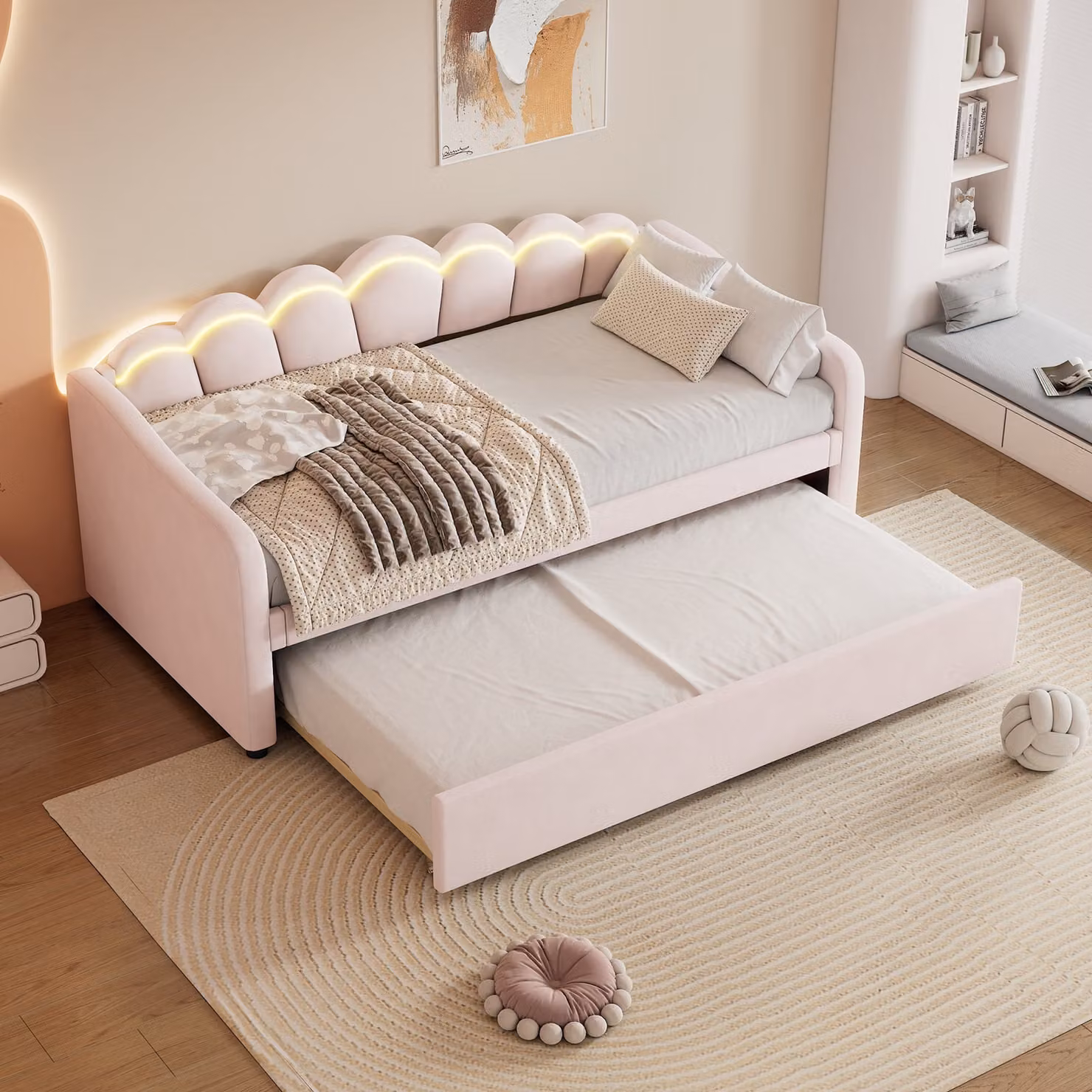 Letto imbottito Abrihome 90x200cm, letto singolo con sottopiano estraibile, daybed con rete a doghe e luce ambiente cambia colore, rosa