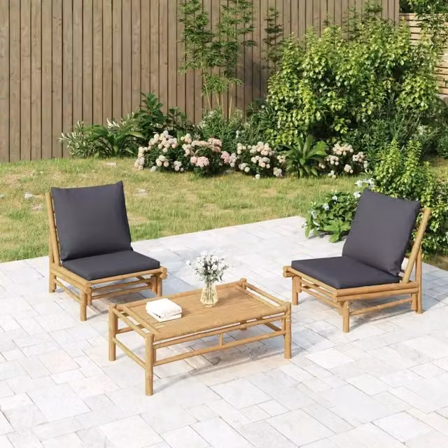 Set Salotto da Giardino 3pz con Cuscini Grigio Scuro Bambù 3156488