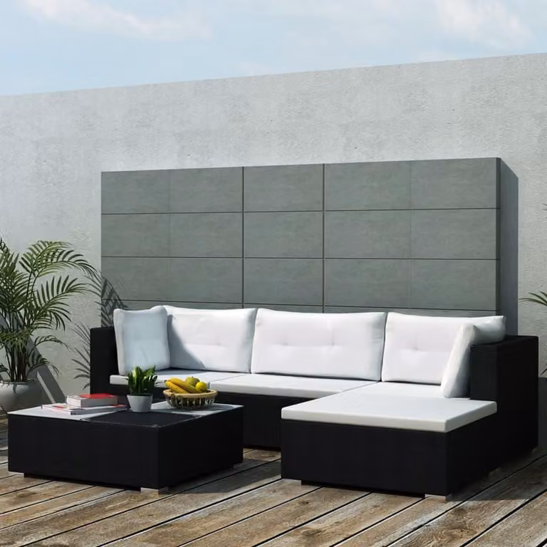 set 5 pezzi da giardino con cuscini in poly rattan nero