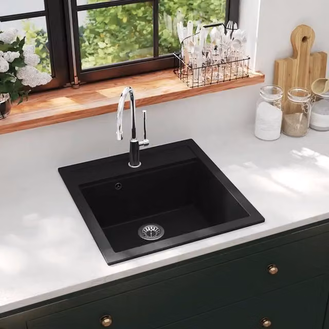 Lavello da cucina in granito vidaXL con vasca singola nero L/P/H: 51,0 x 49,0 x 30,6 cm