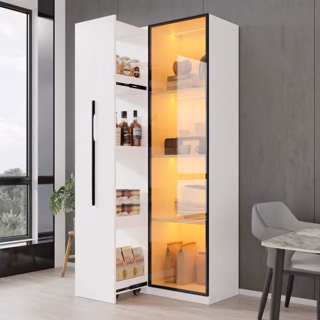 Vetrina con libreria estraibile WISHDOR in MDF bianco opaco con illuminazione LED e ante in vetro, L: 70 cm, P: 40 cm, H: 160 cm