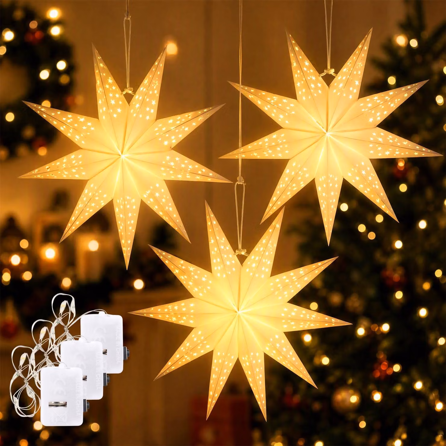 Set di 3 stelle di carta a LED, 45 cm, luce bianco caldo, pieghevoli, effetto 3D