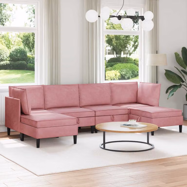 Set di mobili per il soggiorno vidaXL in velluto rosa, composizione a L con pouf coordinato, stile moderno