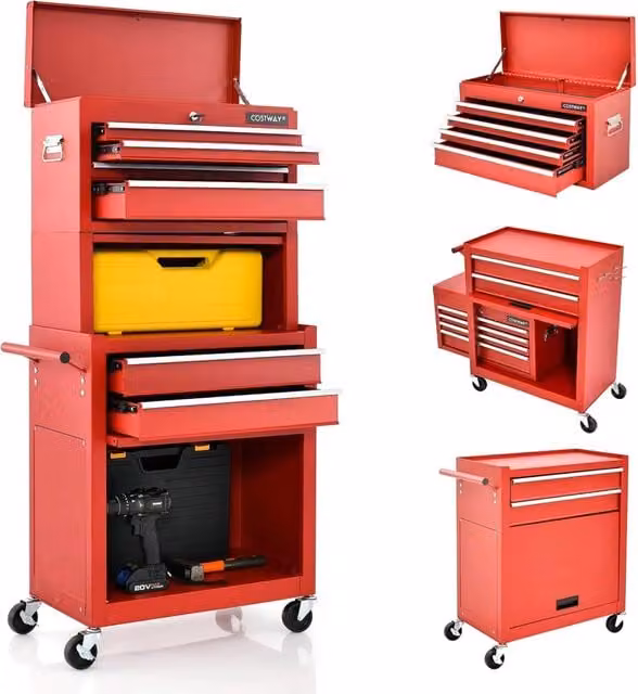 Cassettiera Portautensili Costway con 6 Cassetti in Metallo, Carrello per Attrezzi con Ruote Bloccabili, Ripiano Rimovibile e Serratura, Rosso, L: 61,5 cm, P: 33 cm, H: 132 cm