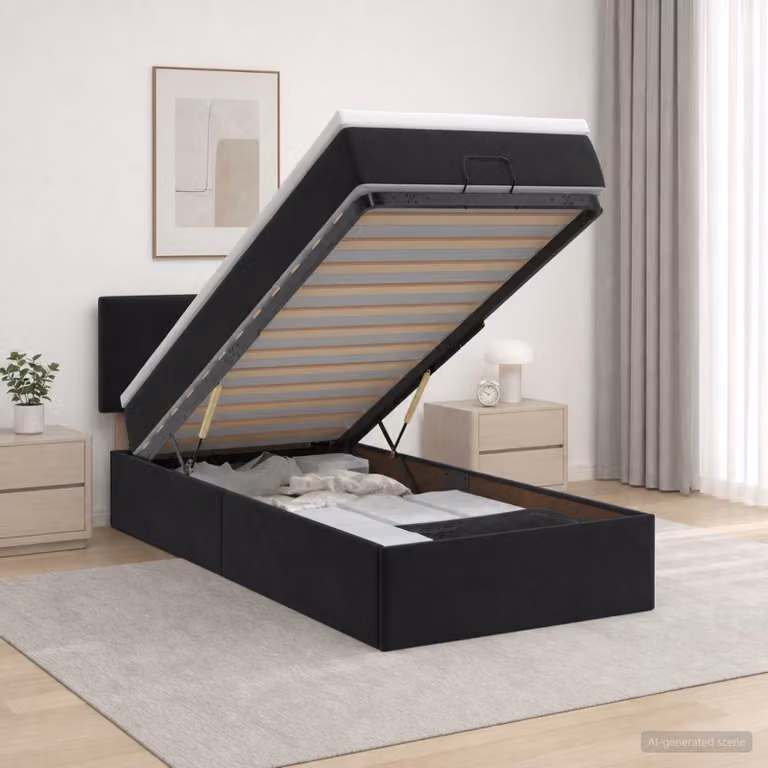 Letto ottomano con materasso vidaXL in velluto nero, L/P/H: 190 x 90 x 44 cm