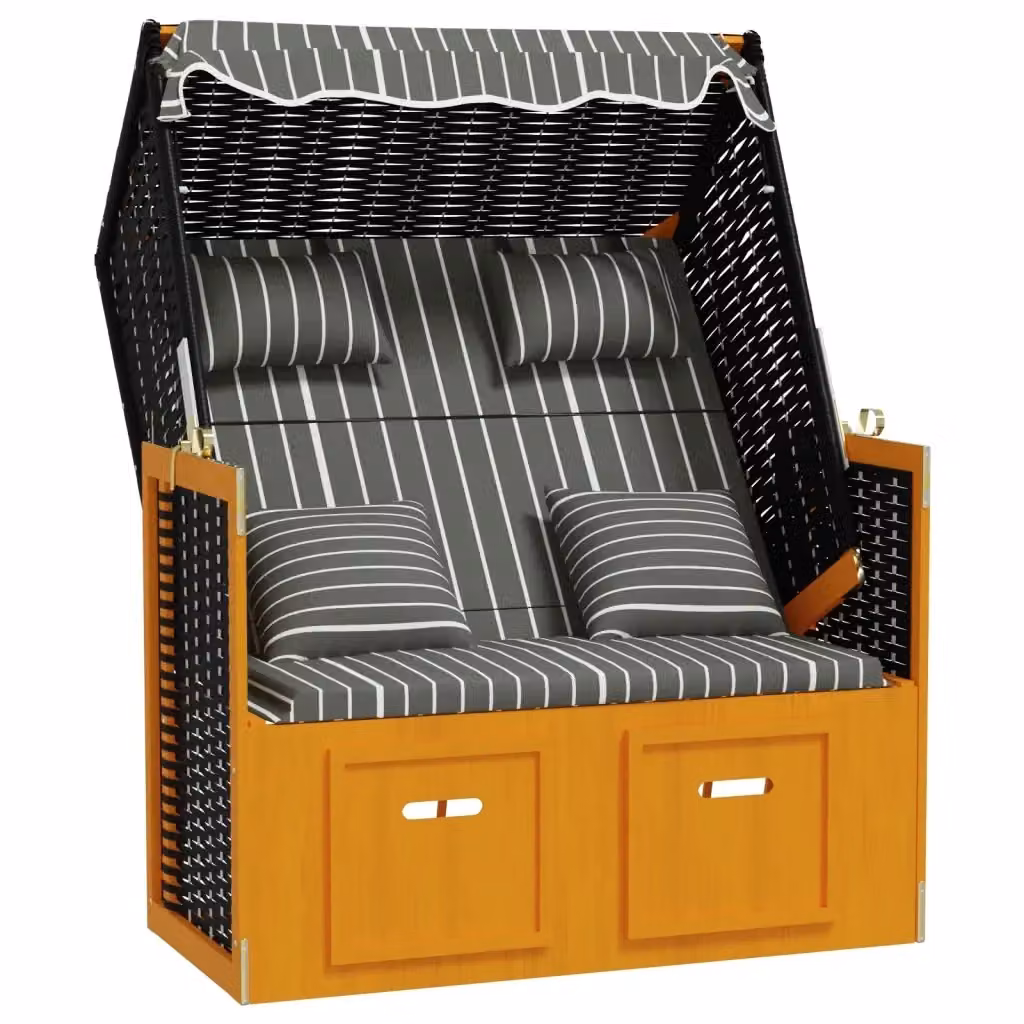 Sedia a sdraio Strandkorb vidaXL in polyrattan e legno di abete con cuscini e tendalino, colori nero, grigio e bianco a righe – 2