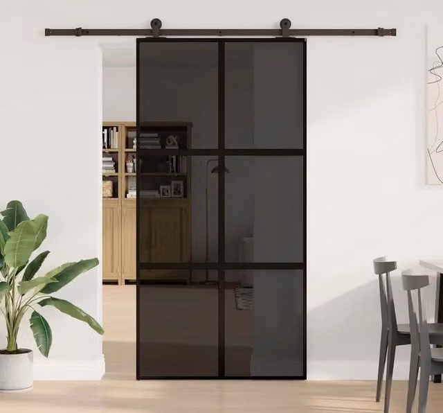 Porta Scorrevole Moderna vidaXL in Vetro Trasparente e Alluminio Nero L: 102,5 cm, H: 205,0 cm, P: 2,0 cm