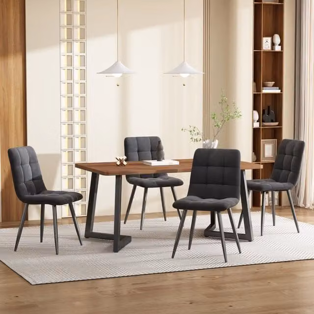 Tavolo da Pranzo Allungabile con 4 Sedie ¨C MINIMAL ¨C Piano MDF Noce, Gambe Metallo Nero, Velluto Grigio Scuro
