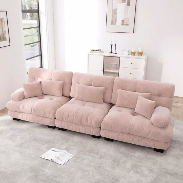 Divano modulare in ciniglia rosa; 313 × 77 × 81 cm