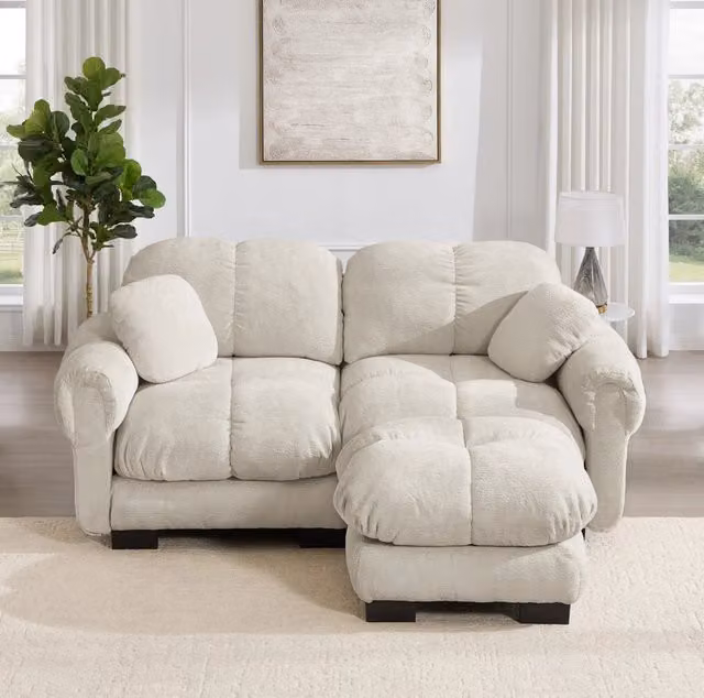 Divano angolare modulare 2 posti 190x149 cm con pouf mobile in ciniglia kaki chiaro HOMVRA