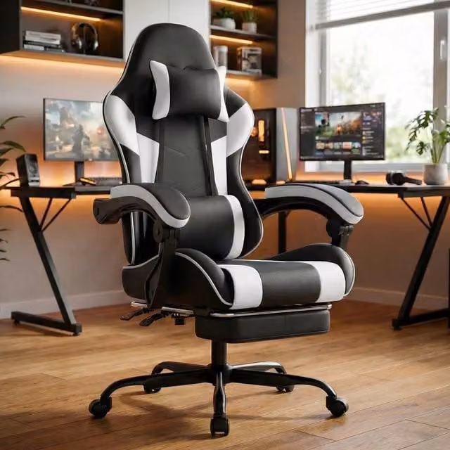 Sedia Gaming Ergonomica MINIMAL con Schienale Reclinabile, Braccioli e Poggiatesta in Similpelle Nero e Bianco – 1