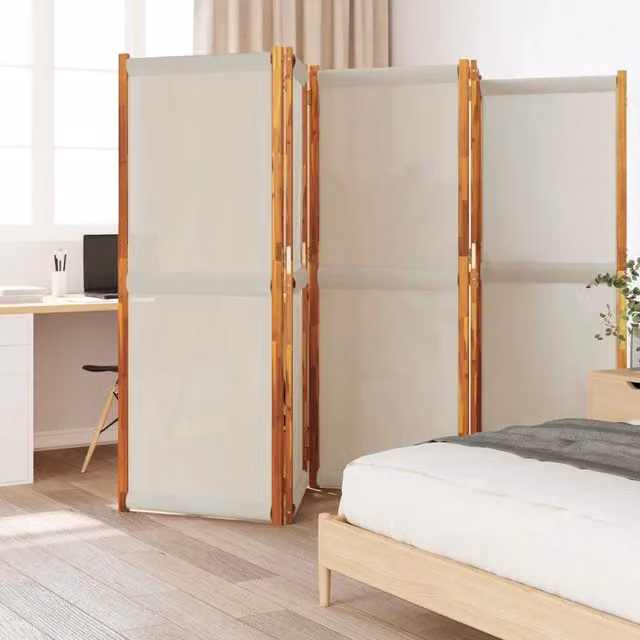 Divisorio a 5 Pannelli vidaXL in Legno di Acacia Oliato e Textilene Grigio L: 350 cm, H: 180 cm