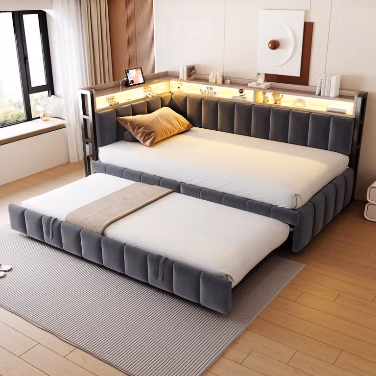 Flieks divano letto da giorno 90x200cm con letto estraibile, letto per ragazzi letto singolo con funzione di ricarica e LED, letto imbottito letto in metallo, velluto, grigio scuro