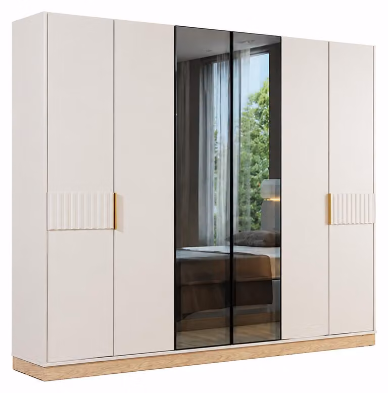 Armadio da camera da letto color beige chiaro Designel con ante a specchio, armadi in legno