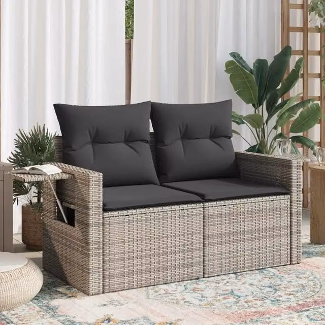 Divano da giardino a 2 posti vidaXL in polyrattan grigio con cuscini imbottiti e coperture rimovibili – 1