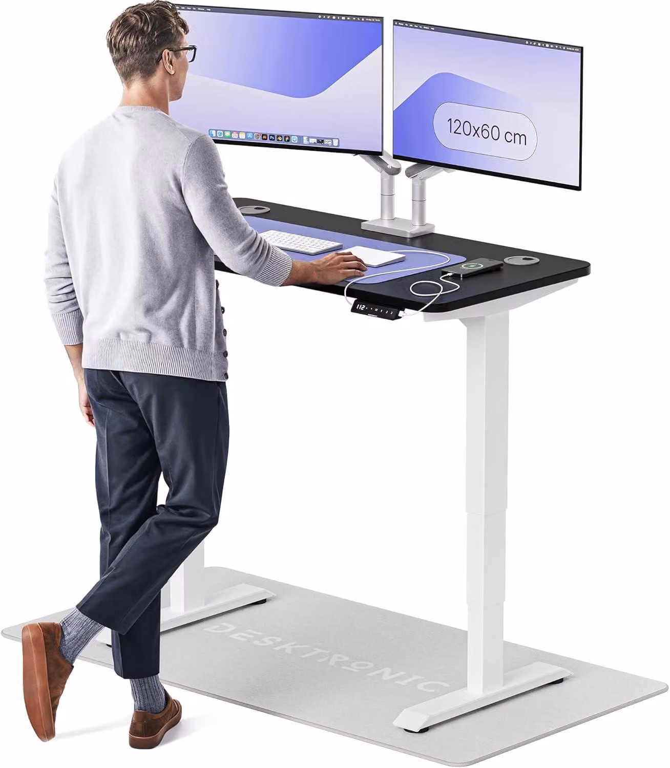 Scrivania Zit-Sta, dimensioni 120x60 cm, con sistema di regolazione elettrico, porte USB-C e controllo tramite touchscreen