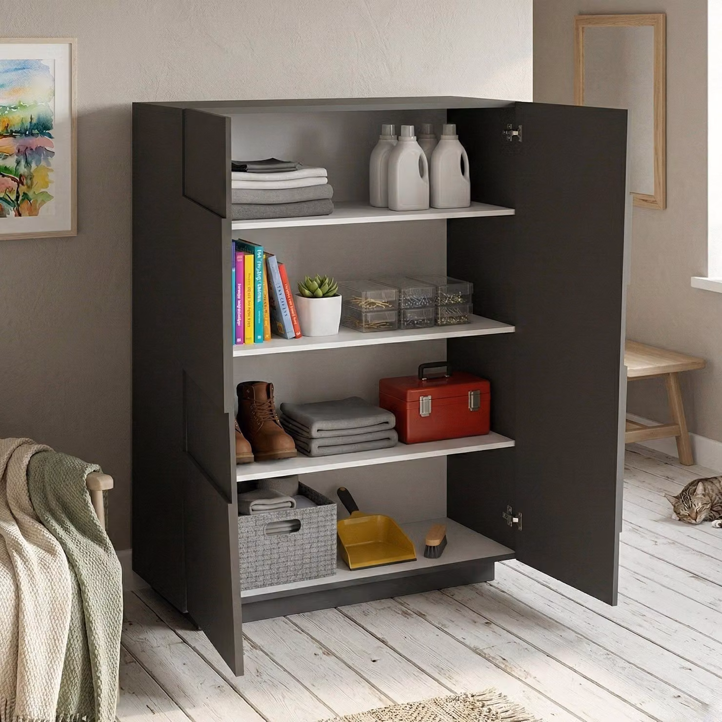 Dmora Armadio Multiuso 2 Ante Aulla 44x126h cm Nero Antracite, 2 Ante 4 Vani  Italy