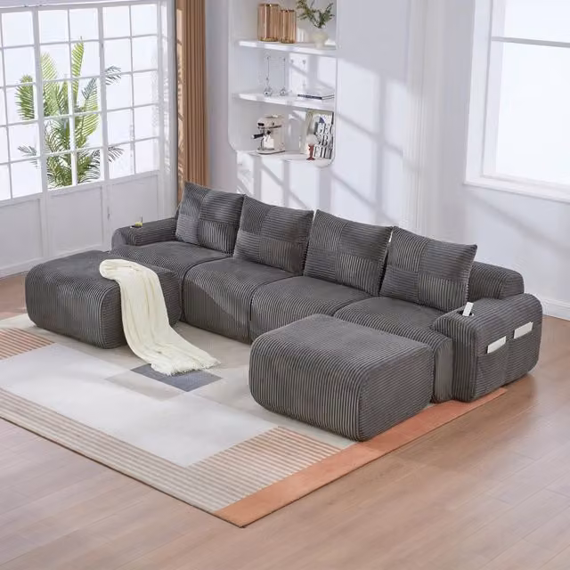 Divano Modulare REDOM a 4 Posti L-Shape in Velluto a Costine Grigio con Portabicchieri, L/P/H: 333 x 174 x 80 cm