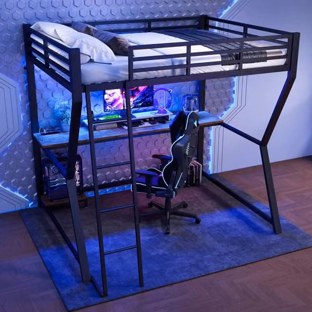 Letto a soppalco 140 × 200 cm 2 posti con scrivania, LED, presa e USB, senza materasso, nero in metallo