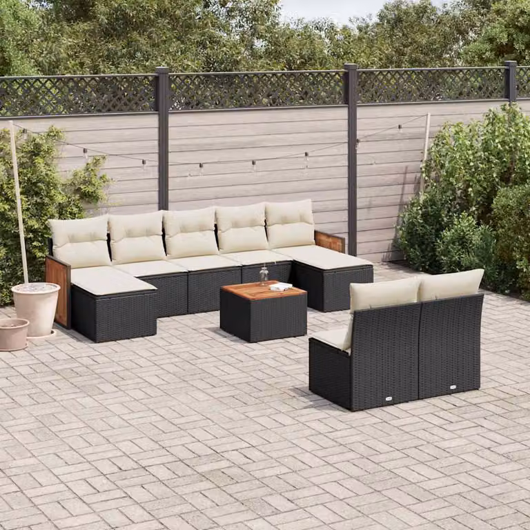 Set di divani da giardino vidaXL in polyrattan nero con cuscini e tavolino da esterno