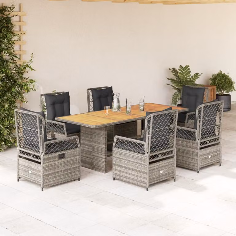 Set da pranzo da giardino vidaXL in polyrattan e legno di acacia grigio con 7 pezzi e cuscini