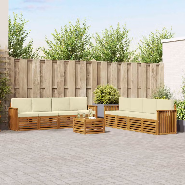 vidaXL Set di divani da esterno 9 pz in legno di acacia con cuscini, colore beige, bianco e marrone