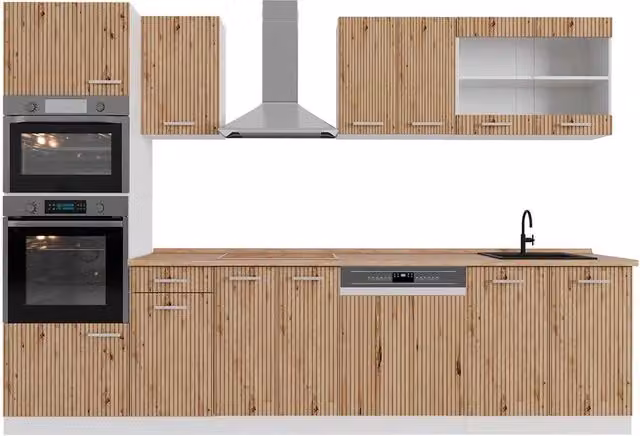 Cucina componibile moderna R-Line Vicco in rovere e bianco con armadio alto e ante in vetro, L: 300 cm