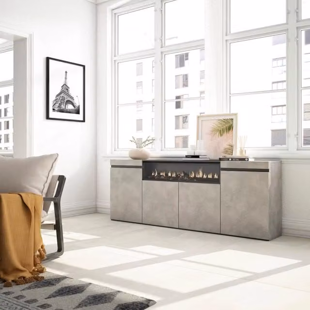 Credenza, Mobile, 200x35x75cm, 4 Porte, Camino elettrico, grigio cemento RF2286
