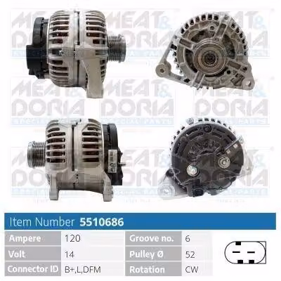 MEAT & DORIA 5510686 Alternatore LiMa 120 A 14 V per PORSCHE BOXSTER (986) 911 (996) 911 (997) BOXSTER (987) 911 Cabriolet (996) 911 Targa