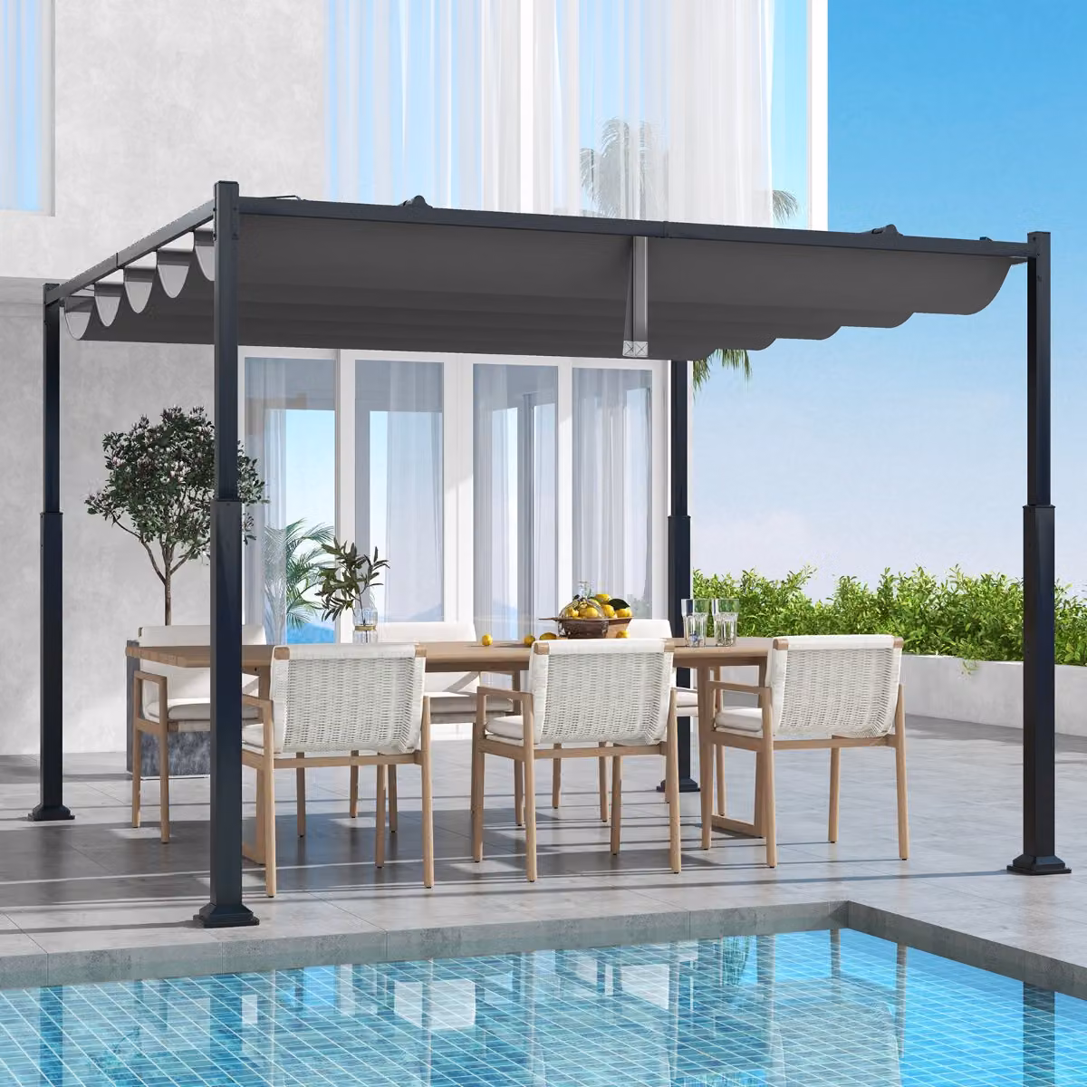 Pergola da esterno Costway con tettoia retrattile in poliestere e struttura in metallo, Grigio, L/P: 310 x 310 cm, H: 225 cm – 3