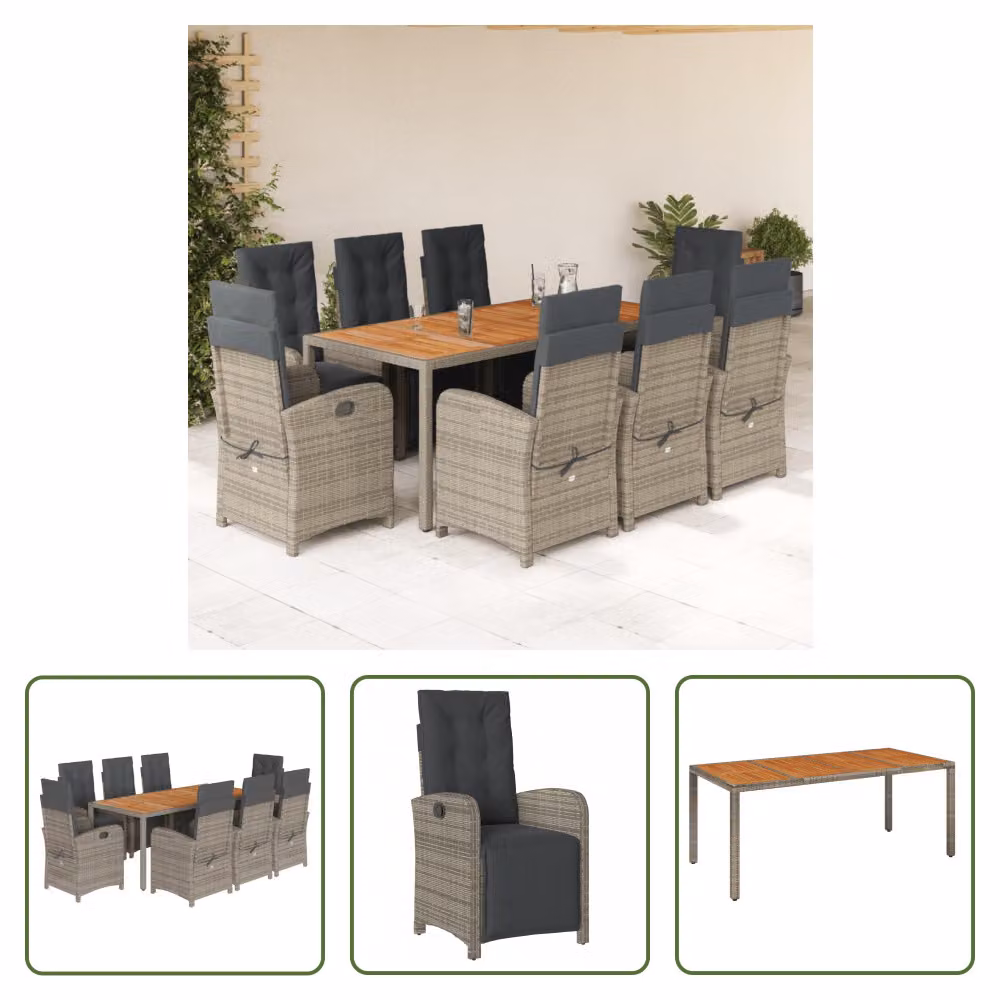 The Living Store Set da pranzo da giardino 9 pezzi con cuscini in poly rattan grigio