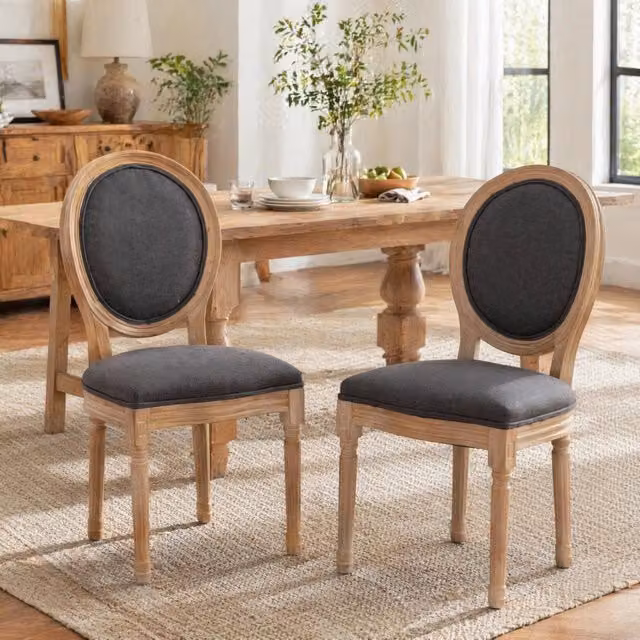 Sedia da pranzo OKWISH in lino grigio con struttura in legno massello e imbottitura in schiuma e molle, L: 98 cm, P: 31 cm, H: 46,5 cm