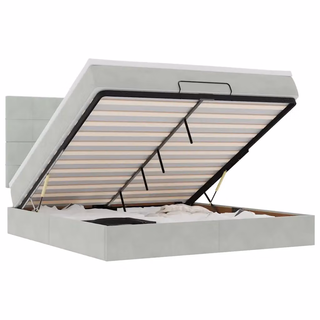Letto con contenitore a sollevamento vidaXL in velluto grigio e bianco con porte USB e illuminazione sottostante L/P/H: 203 x 180 x 128 cm – 2