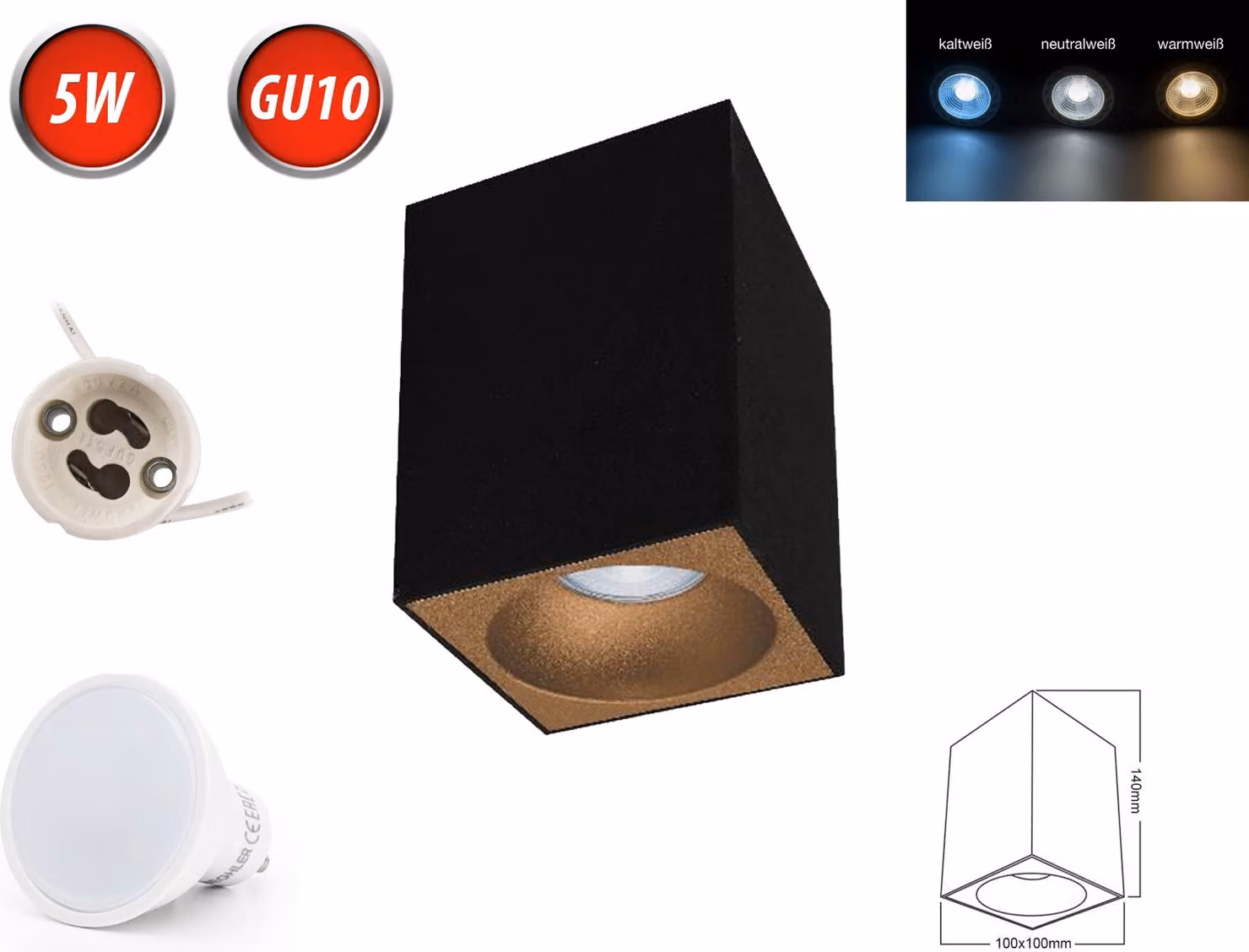 Plafoniera BETA-SS Faretto a superficie Lampada 100x100mm Faretto a superficie con lampadina LED GU10 5W bianco neutro Angolare nero/oro