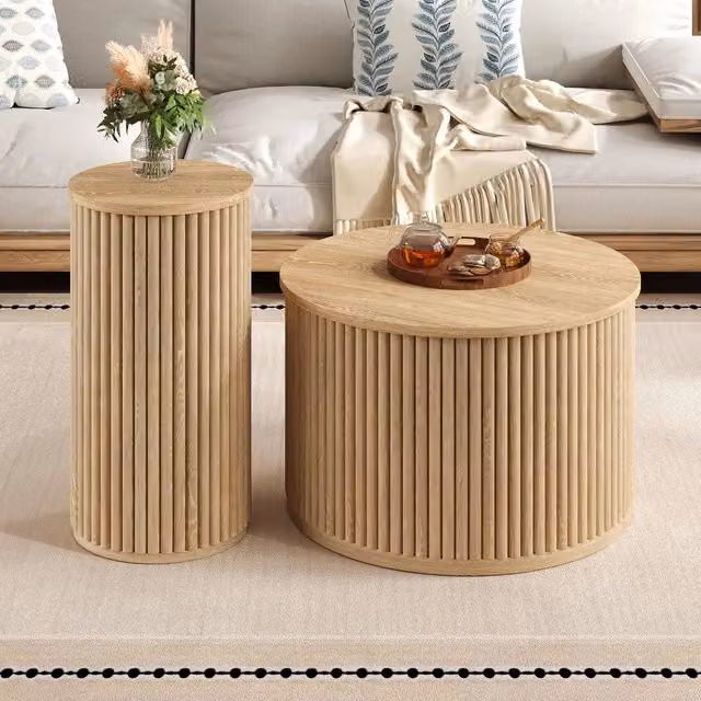 Tavolino da caffè rotondo doppio Minimal in legno marrone per soggiorno con design moderno e finitura opaca