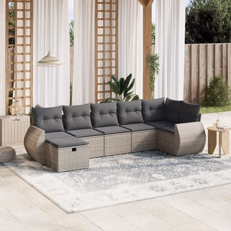 Set di divani da giardino vidaXL 7 pz a forma di L in polyrattan grigio con cuscini e struttura in acciaio