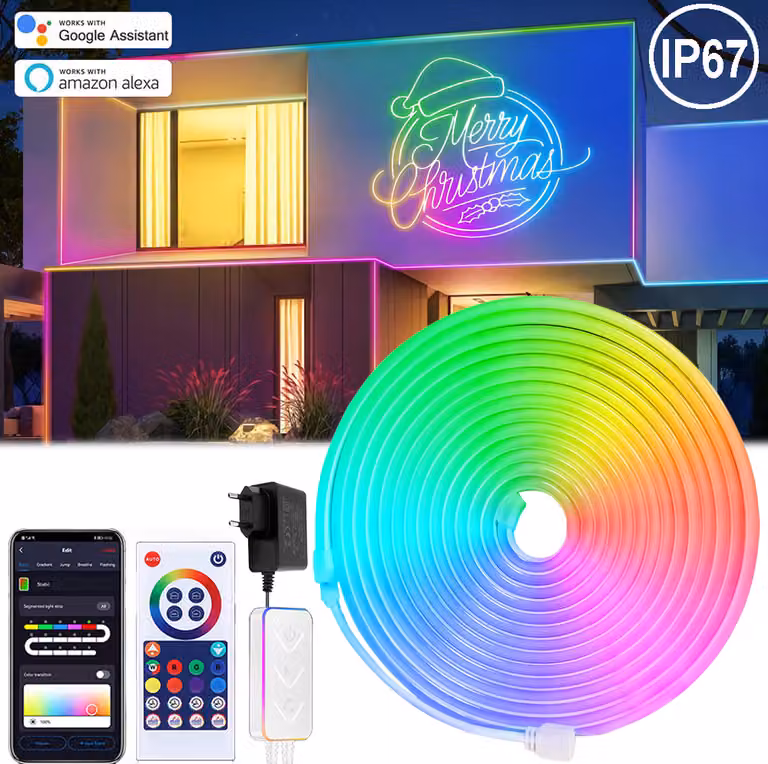 Striscia LED Neon RGBIC, dimmerabile, in silicone, IP67, impermeabile, con controllo musicale tramite app, compatibile con Alexa e Google Assistant, con telecomando e timer