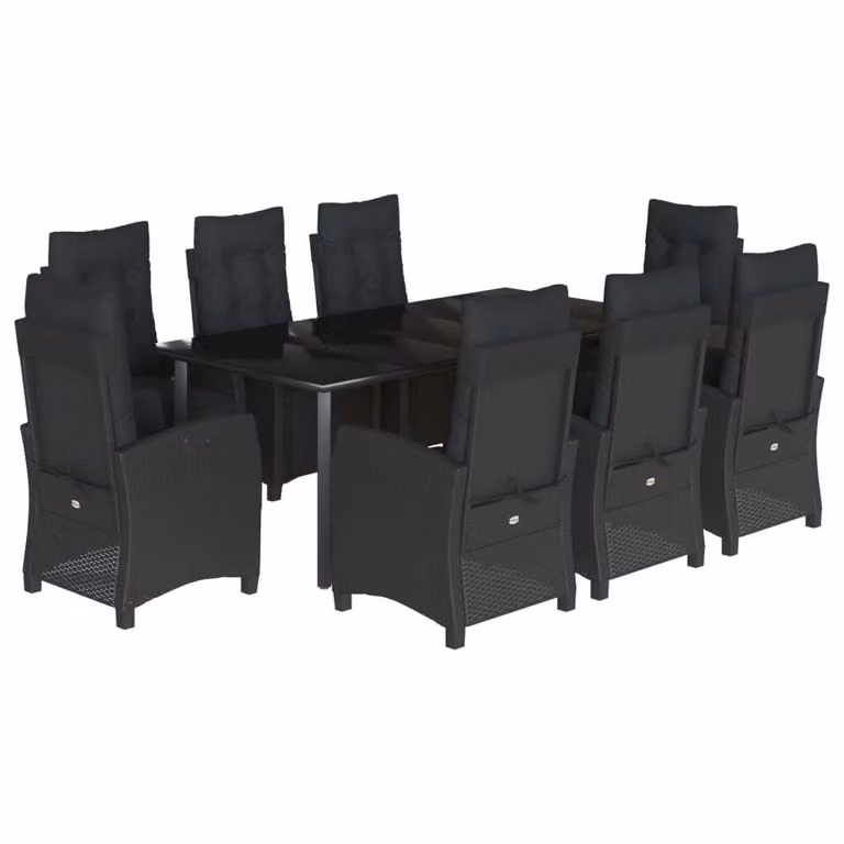 Set da Pranzo da Giardino 9 pz con Cuscini Nero in Polyrattan