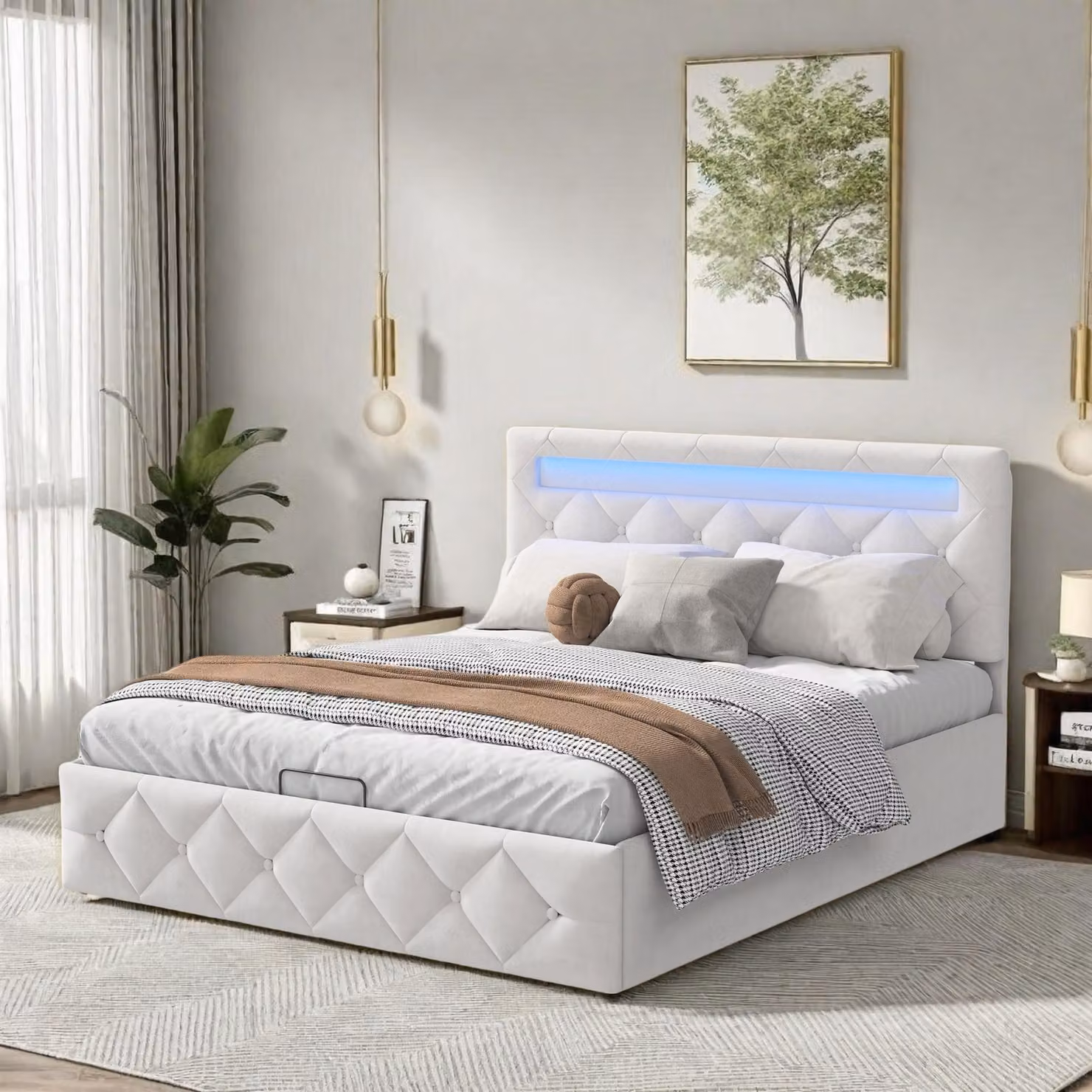 Letto a cassettone 140x200cm in velluto albicocca con LED multicolore, testata regolabile, presa EU e contenitore idraulico