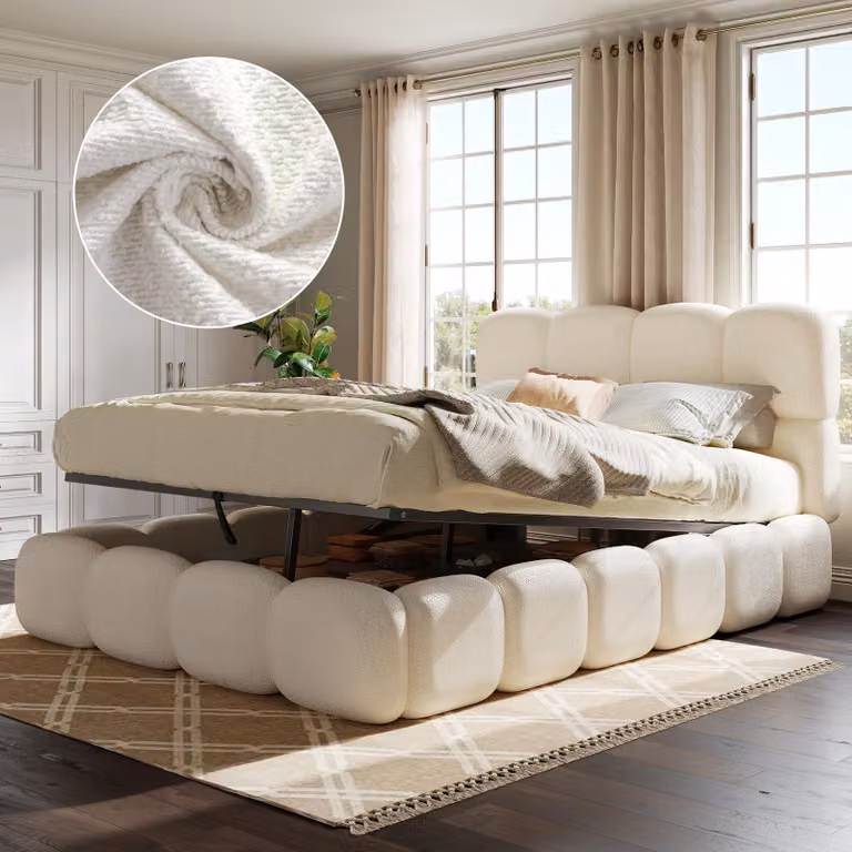 Letto idraulico imbottito Flieks, 140x190 cm, con spazio contenitore, letto matrimoniale con contenitore e rete a doghe, letto per ragazzi in legno con testiera, tessuto bouclé, colore bianco