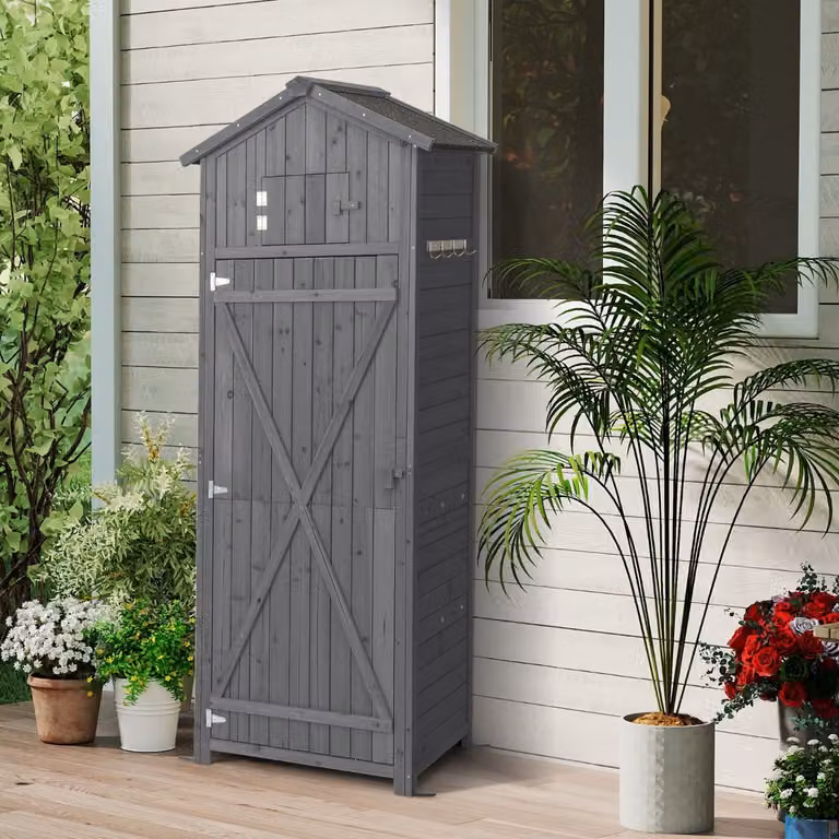 Capannone da giardino Costway con serratura e tavolo pieghevole, organizer per utensili Grigio H: 180,5 cm x L: 75,0 cm x P: 50,0 cm